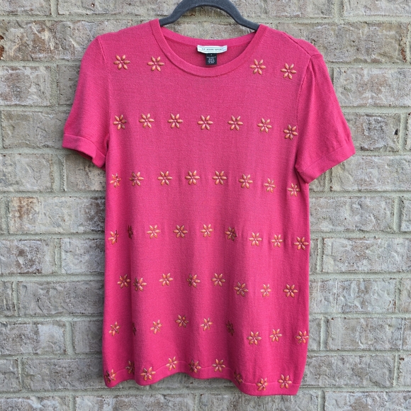 ST JOHN KNIT Collection Sport Coral Pink Floral Bejeweled Short Sleeve Knit Sz 4 - Picture 10 of 10